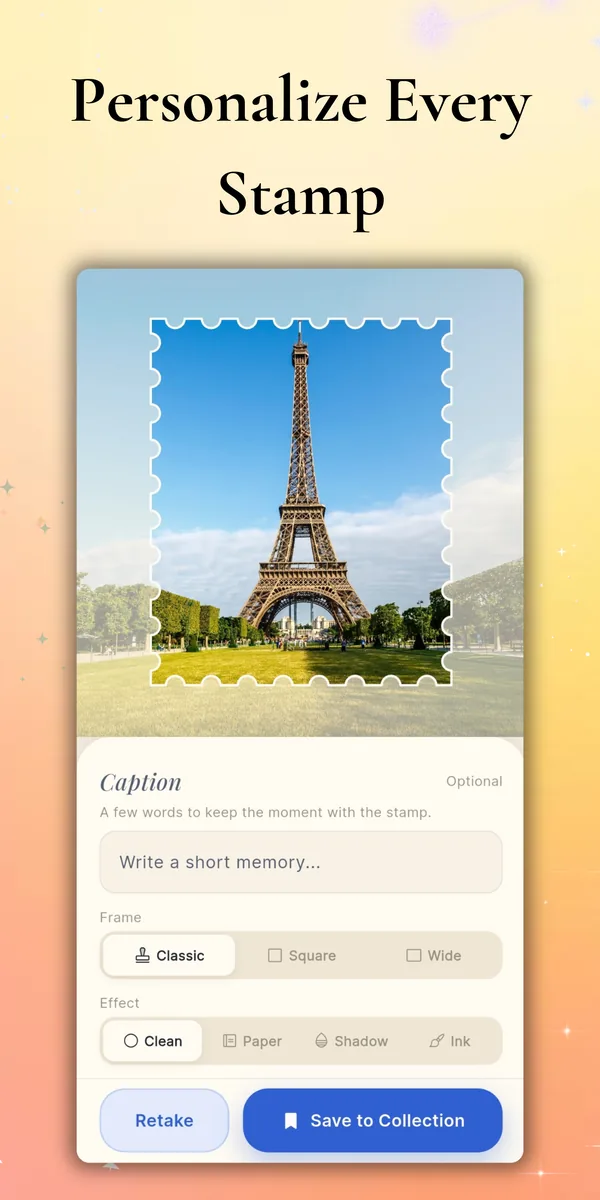 Personalize a stamp with caption, frame and effect